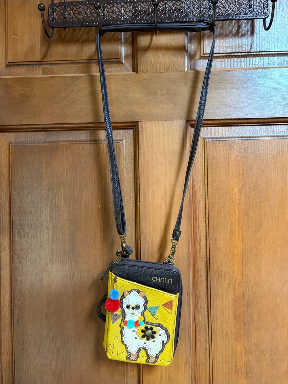 Chala Yellow Llama Wallet Crossbody Bag with Colorful Pom-Poms